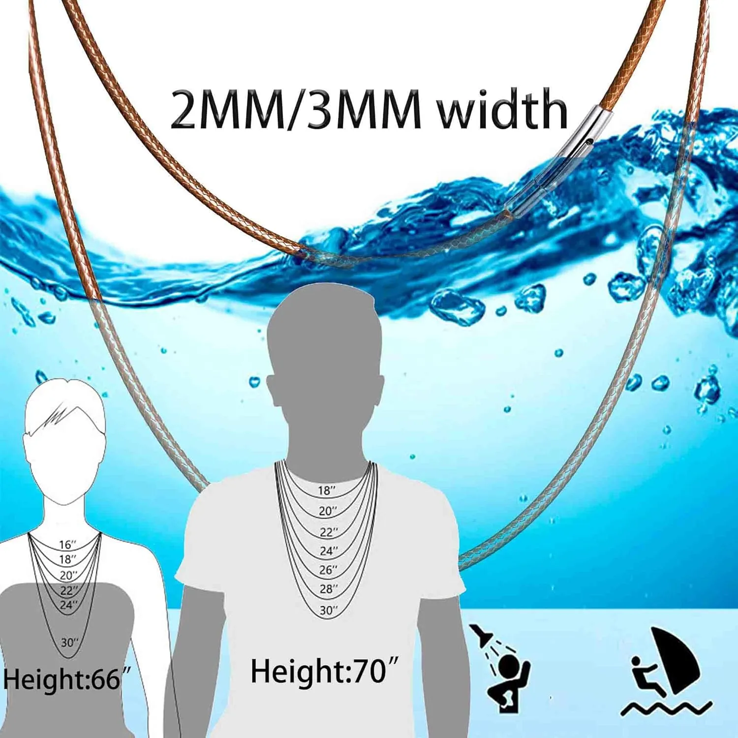 14" to 50" 2MM/3MM Waterproof Braided Leather Chain Cord Necklace for Men/Women, Brown/Black Rope Chain for pendant (Gift Box)