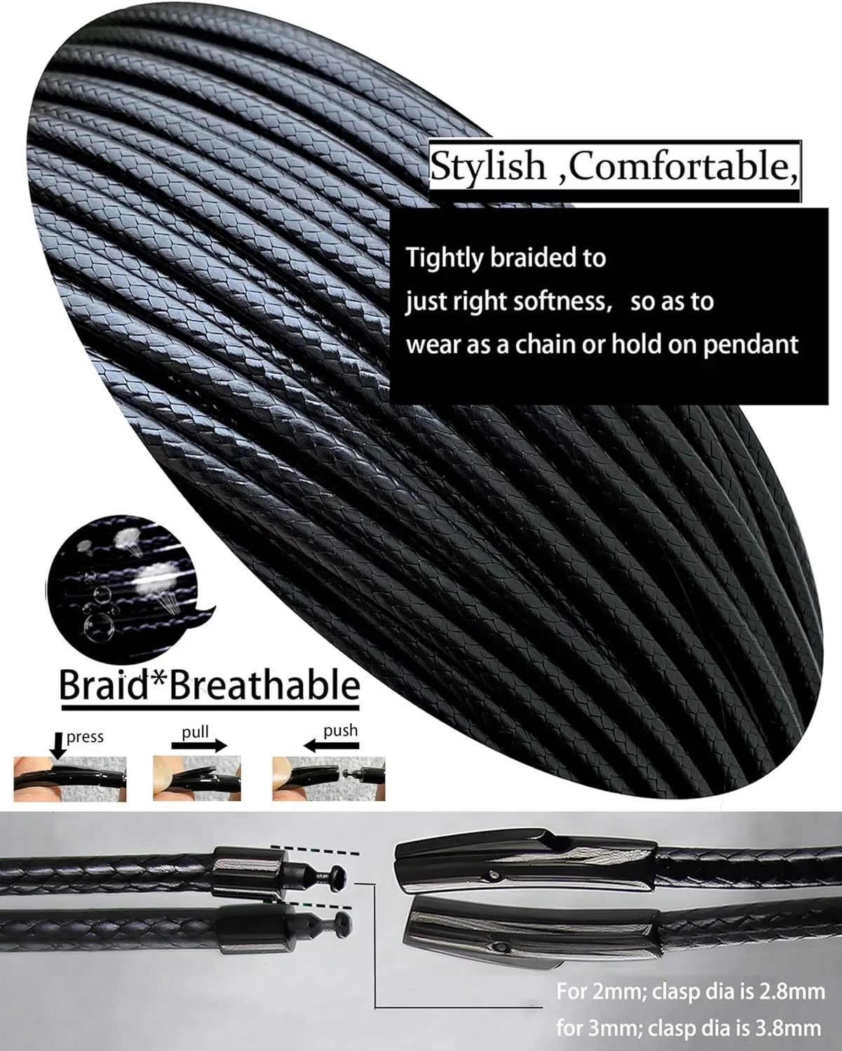 14" to 50" 2MM/3MM Waterproof Braided Leather Chain Cord Necklace for Men/Women, Brown/Black Rope Chain for pendant (Gift Box)