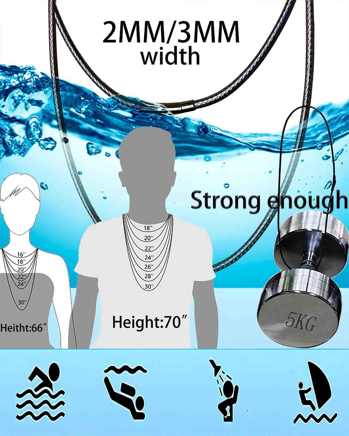 14" to 50" 2MM/3MM Waterproof Braided Leather Chain Cord Necklace for Men/Women, Brown/Black Rope Chain for pendant (Gift Box)
