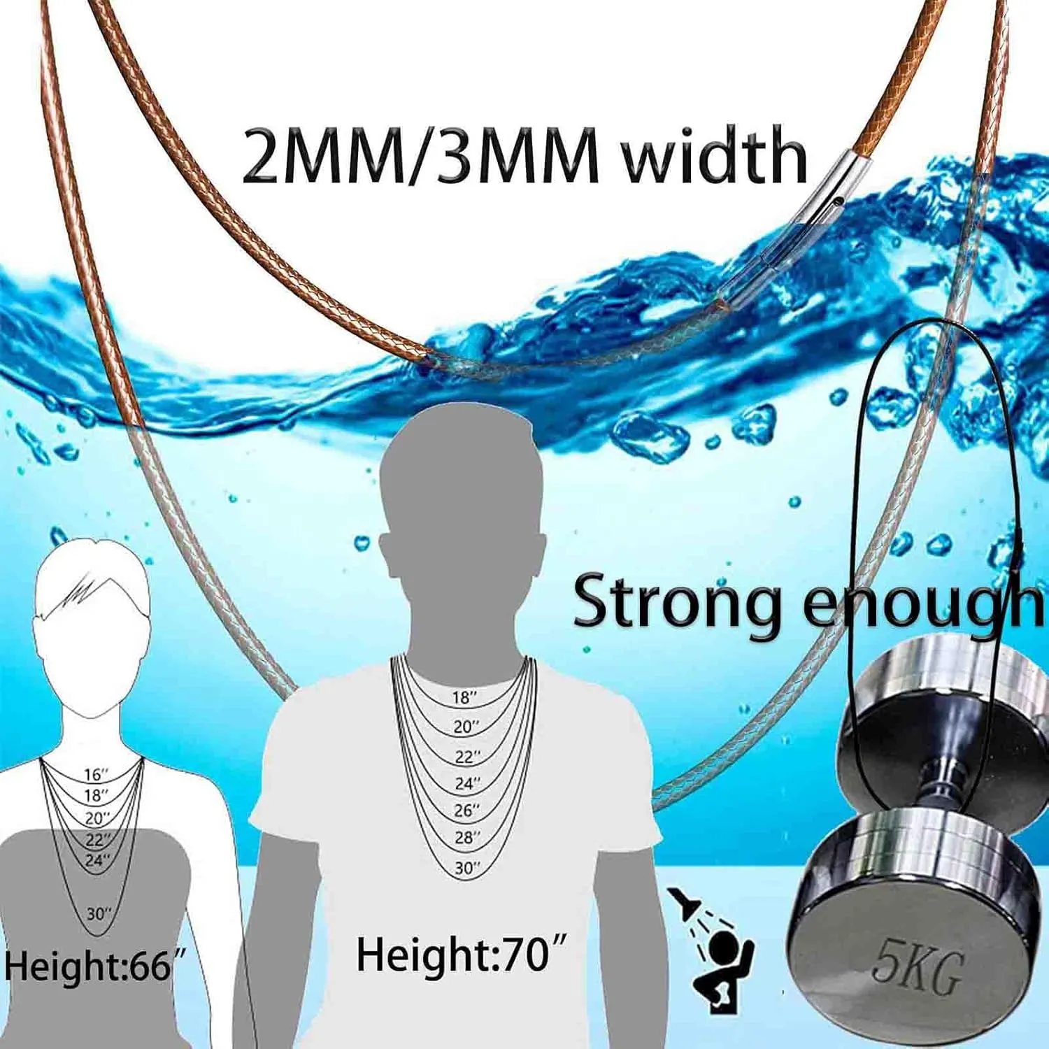 14" to 50" 2MM/3MM Waterproof Braided Leather Chain Cord Necklace for Men/Women, Brown/Black Rope Chain for pendant (Gift Box)