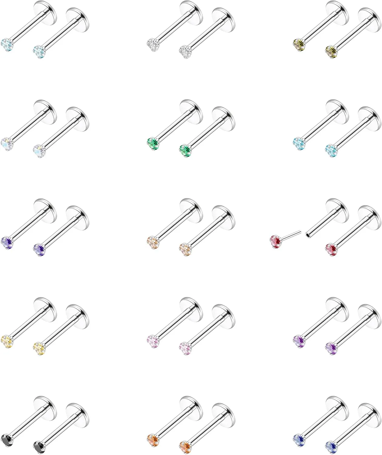 15 Pairs 20G 316L Stainless Steel Threadless Stud Earrings for Women Men Cartilage Helix Tragus Stud Earrings Small CZ Labret Monroe Studs Push in Nose Studs 2-3mm Ear Piercing Jewelry Set