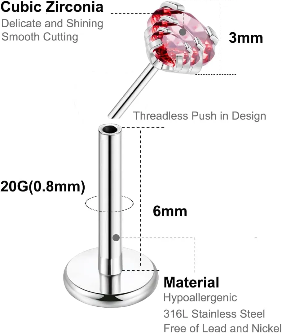 15 Pairs 20G 316L Stainless Steel Threadless Stud Earrings for Women Men Cartilage Helix Tragus Stud Earrings Small CZ Labret Monroe Studs Push in Nose Studs 2-3mm Ear Piercing Jewelry Set