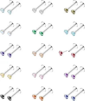 15 Pairs 20G 316L Stainless Steel Threadless Stud Earrings for Women Men Cartilage Helix Tragus Stud Earrings Small CZ Labret Monroe Studs Push in Nose Studs 2-3mm Ear Piercing Jewelry Set