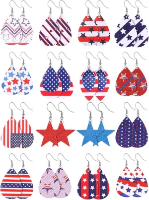 16 Pairs American Earrings American Flag Faux Leather Stars Stripes Teardrop Earrings Memorial Day Accessory (Retro Style)