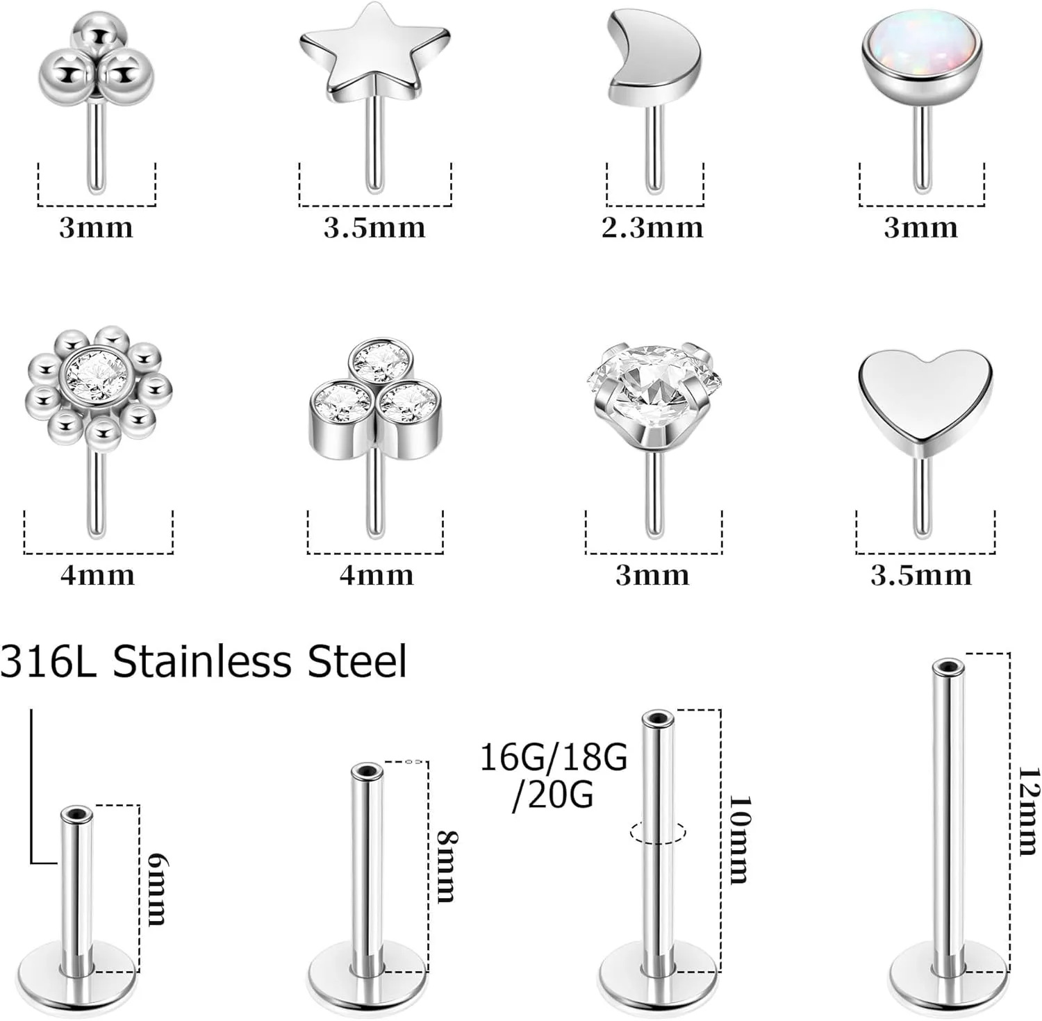 16G 18G 20G 316L Stainless Steel Threadless Push in Labret Monroe Studs Lip Rings for Women Men Flat Back Cartilage Earrings Helix Tragus Stud Earrings Conch Medusa Piercing Jewelry