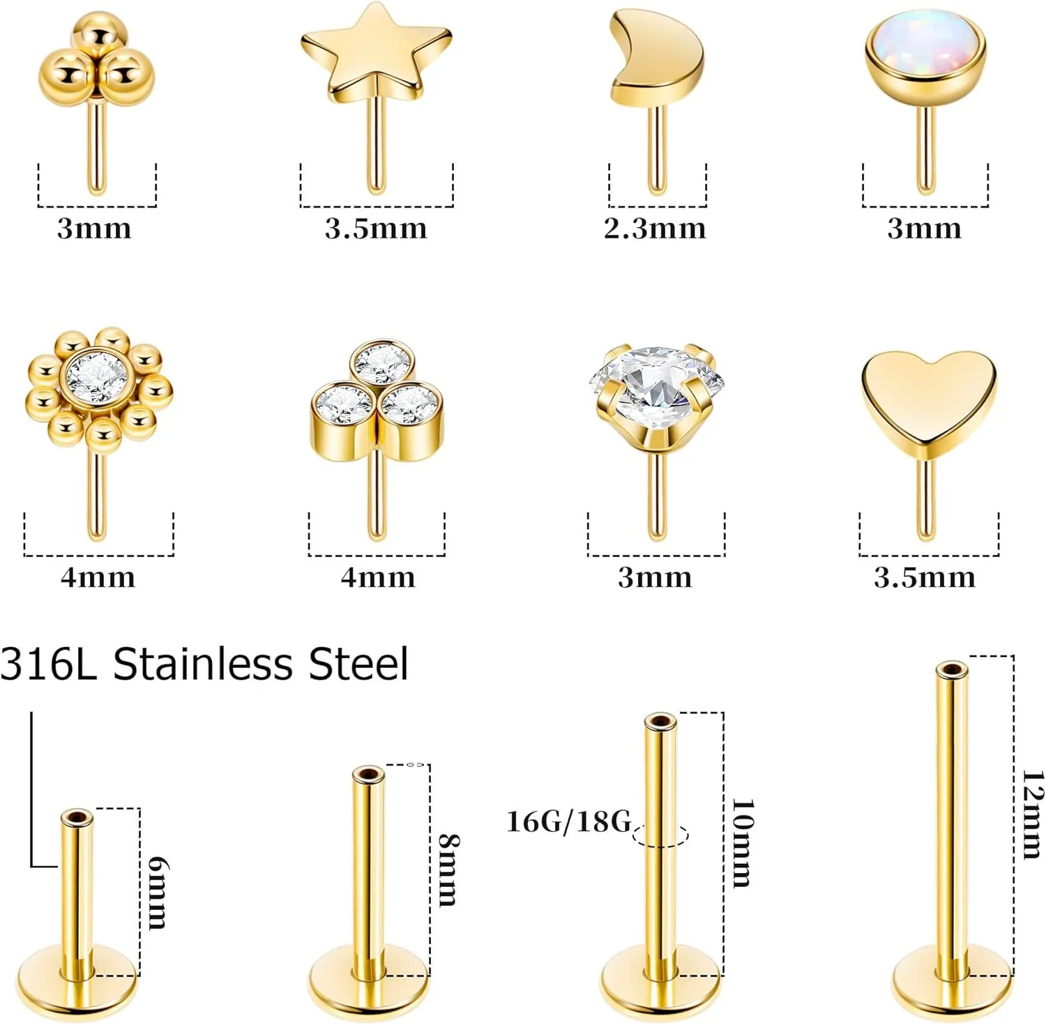 16G 18G 20G 316L Stainless Steel Threadless Push in Labret Monroe Studs Lip Rings for Women Men Flat Back Cartilage Earrings Helix Tragus Stud Earrings Conch Medusa Piercing Jewelry