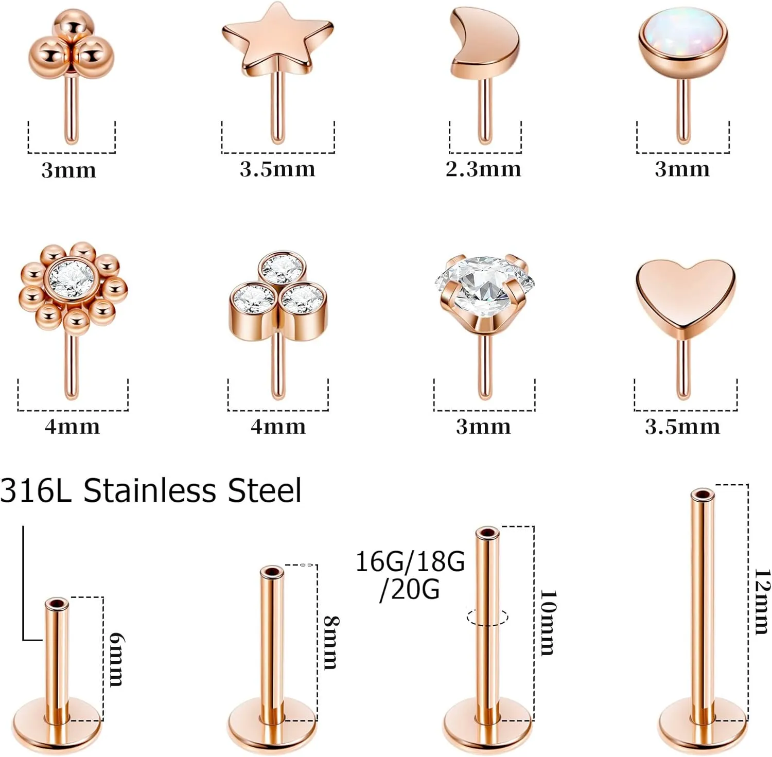 16G 18G 20G 316L Stainless Steel Threadless Push in Labret Monroe Studs Lip Rings for Women Men Flat Back Cartilage Earrings Helix Tragus Stud Earrings Conch Medusa Piercing Jewelry