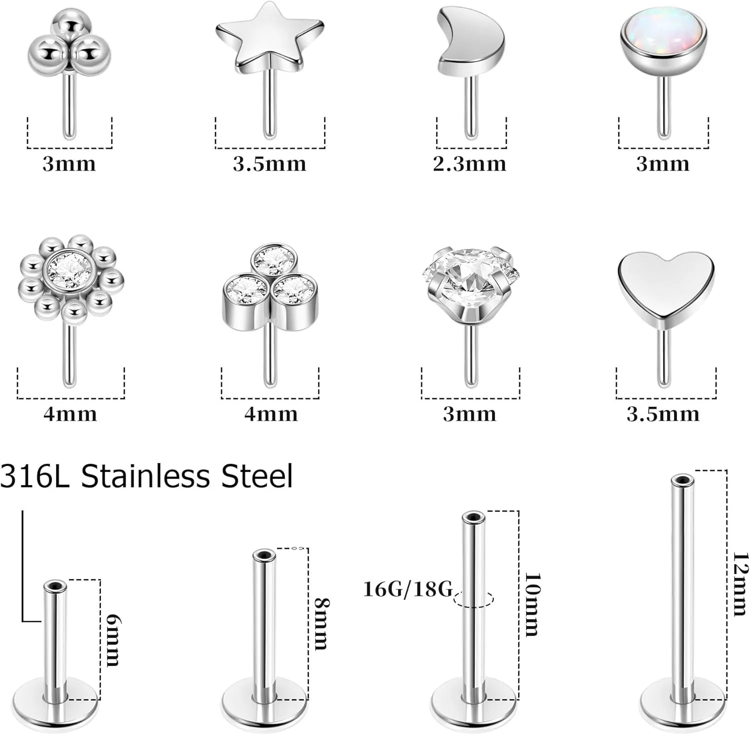 16G 18G 20G 316L Stainless Steel Threadless Push in Labret Monroe Studs Lip Rings for Women Men Flat Back Cartilage Earrings Helix Tragus Stud Earrings Conch Medusa Piercing Jewelry