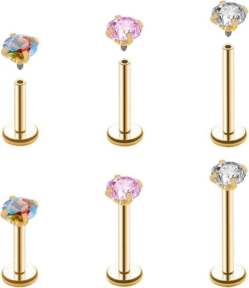 16G 18G Tragus Labret Lip Piercing Jewelry Black, Internally Threaded Surgical Steel CZ Studs for Women Men, 6mm 8mm 10mm Labret Nose Stud Cartilage Helix Medusa Conch Piercing Jewelry