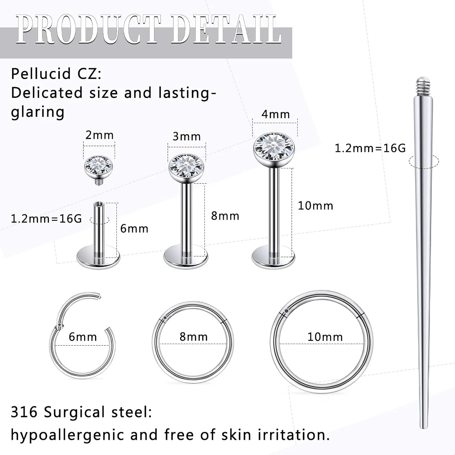 18G 16G 14G Internally Threaded Nose Rings Studs Flat Back Stud Earrings 316L Surgical Steel Nose Rings Studs Tragus Helix Conch Cartilage Lobe Earrings Hoop Piercing Jewelry For Women Men
