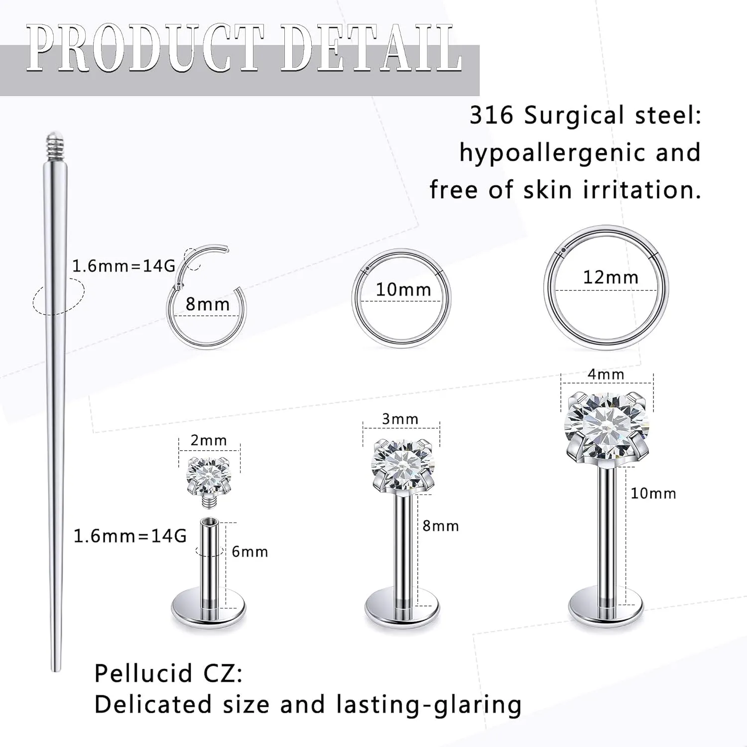 18G 16G 14G Internally Threaded Nose Rings Studs Flat Back Stud Earrings 316L Surgical Steel Nose Rings Studs Tragus Helix Conch Cartilage Lobe Earrings Hoop Piercing Jewelry For Women Men