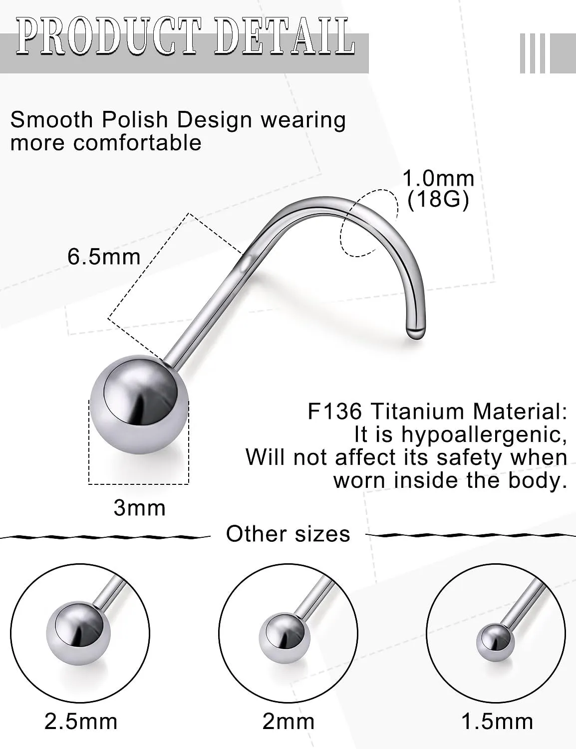18G 20G 22G Astm F136 Titanium Nose Rings Studs Piercing Jewelry for Women Men Nose Nostril Piercing Jewelry Top Ball 1.5mm 2mm 2.5mm 3mm 4 Pair