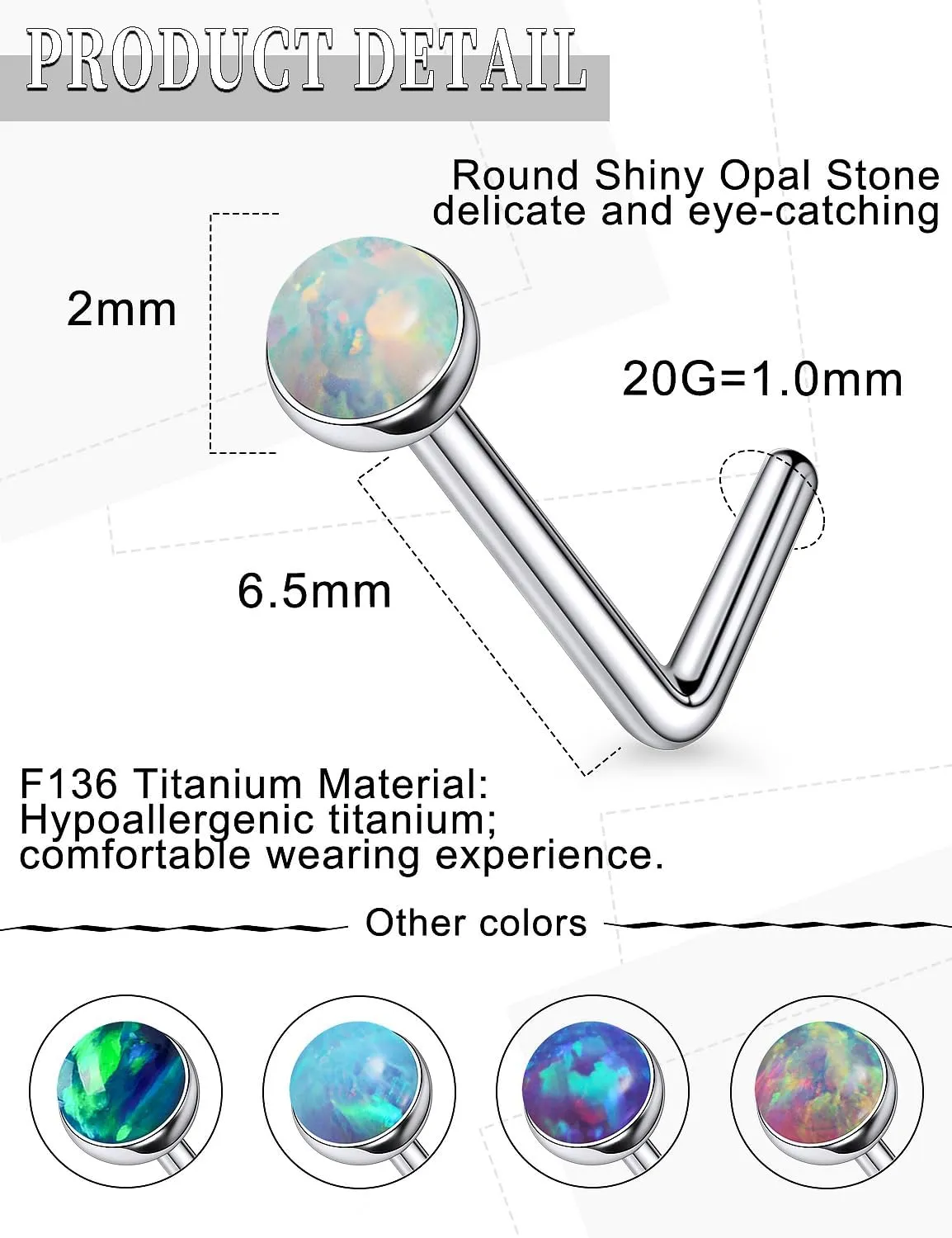 18G 20G 22G Astm F136 Titanium Nose Rings Studs Piercing Jewelry for Women Men Opal Nose Rings Nostril Piercing Jewelry Top Opal 1.5mm 2mm 2.5mm 3mm 5PCS