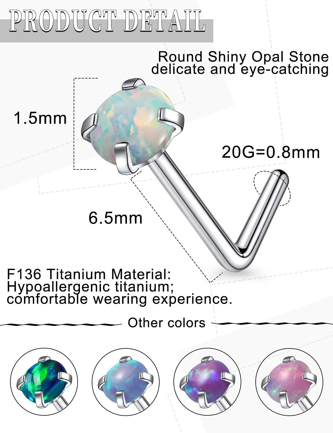 18G 20G 22G Astm F136 Titanium Nose Rings Studs Piercing Jewelry for Women Men Opal Nose Rings Nostril Piercing Jewelry Top Opal 1.5mm 2mm 2.5mm 3mm 5PCS