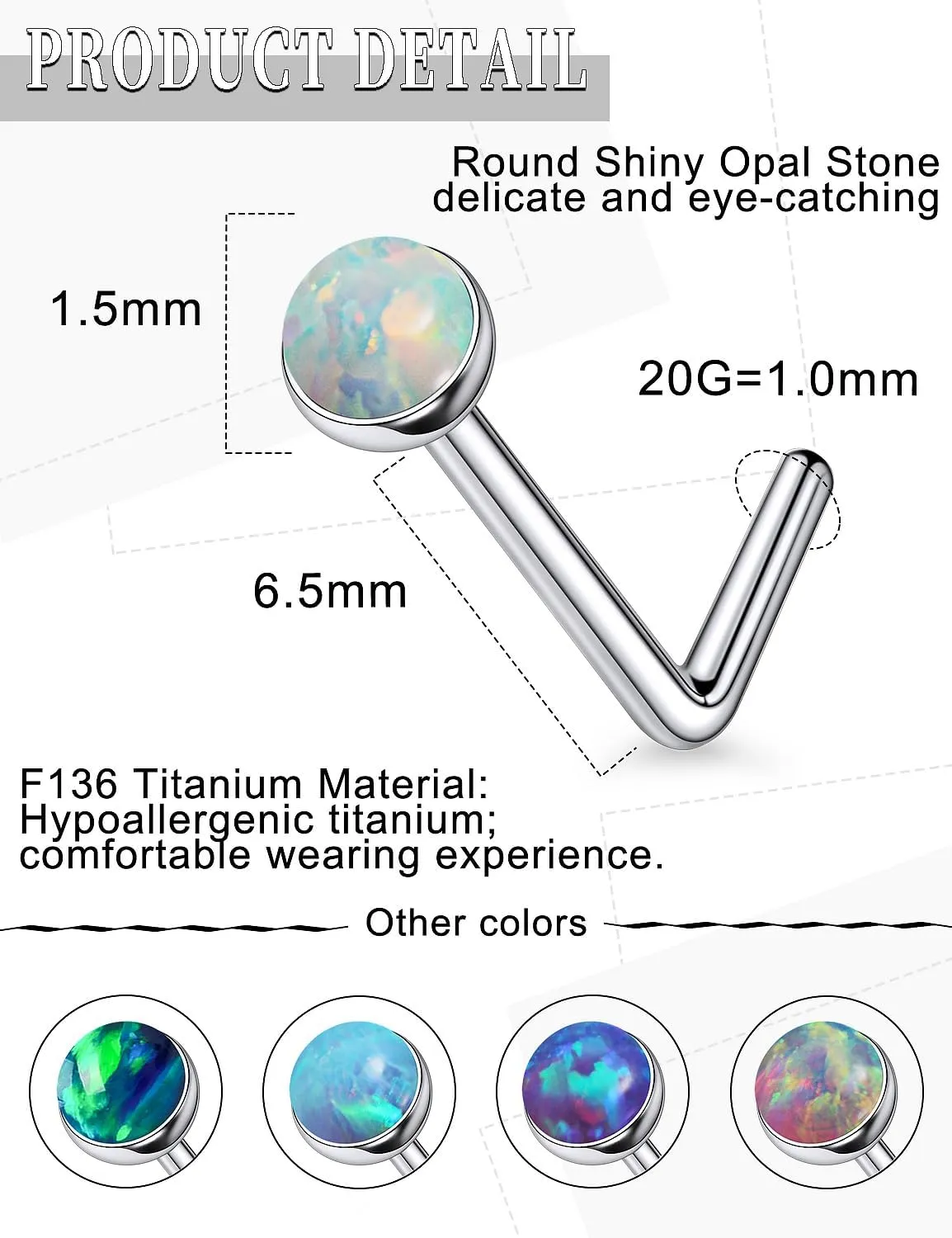 18G 20G 22G Astm F136 Titanium Nose Rings Studs Piercing Jewelry for Women Men Opal Nose Rings Nostril Piercing Jewelry Top Opal 1.5mm 2mm 2.5mm 3mm 5PCS