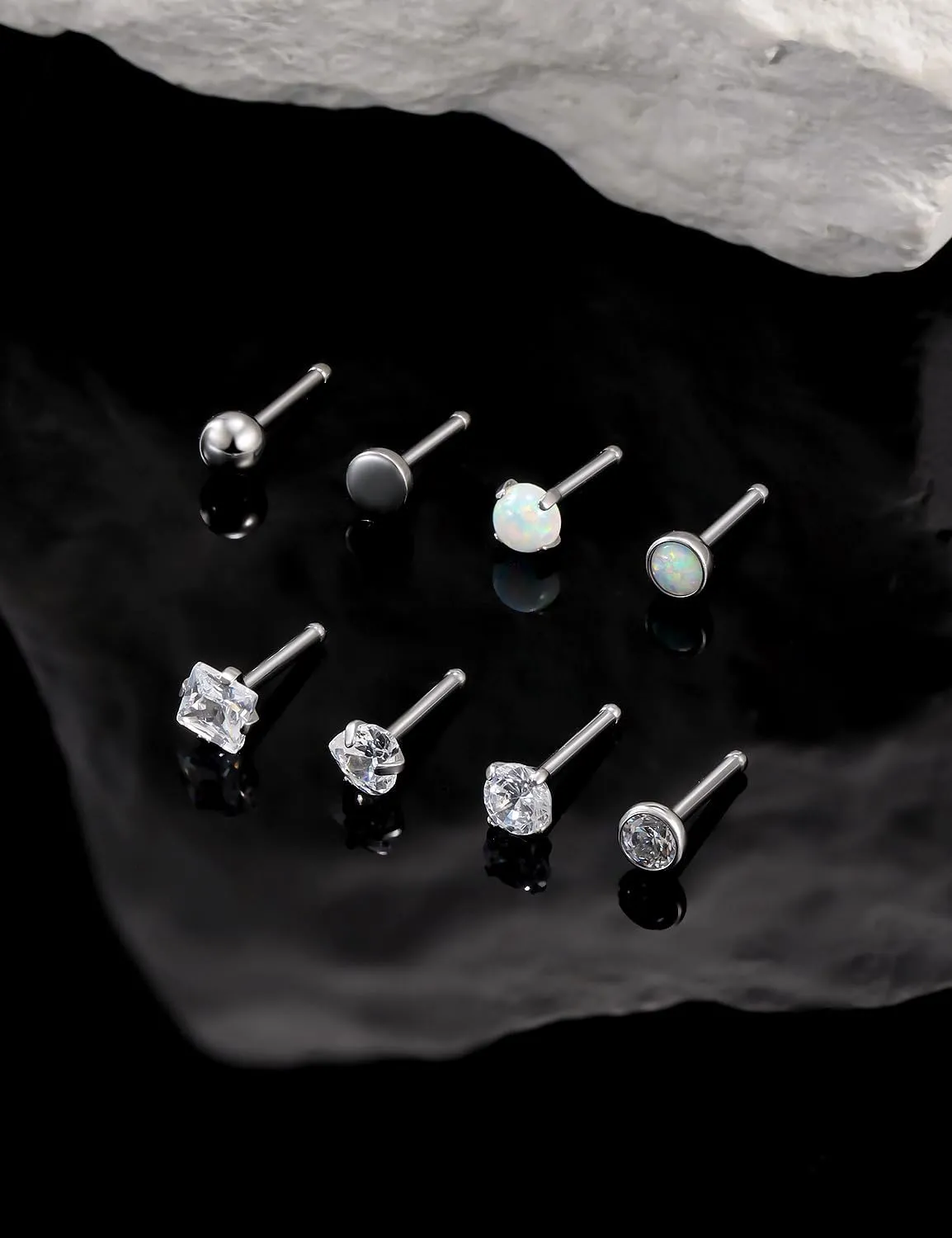 18G 20G 22G Astm F136 Titanium Nose Rings Studs Piercing Jewelry for Women Men Round Heart Square Cubic Zirconia Nose Rings Opal Nostril Ring Piercing Jewelry Top Flat Ball 3mm 8PCS