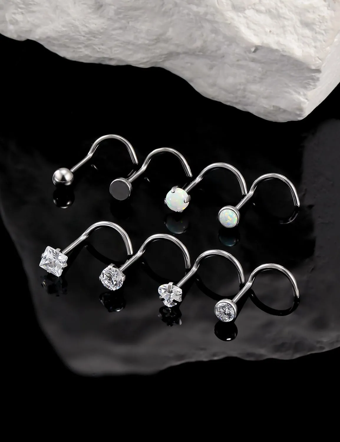 18G 20G 22G Astm F136 Titanium Nose Rings Studs Piercing Jewelry for Women Men Round Heart Square Cubic Zirconia Nose Rings Opal Nostril Ring Piercing Jewelry Top Flat Ball 3mm 8PCS