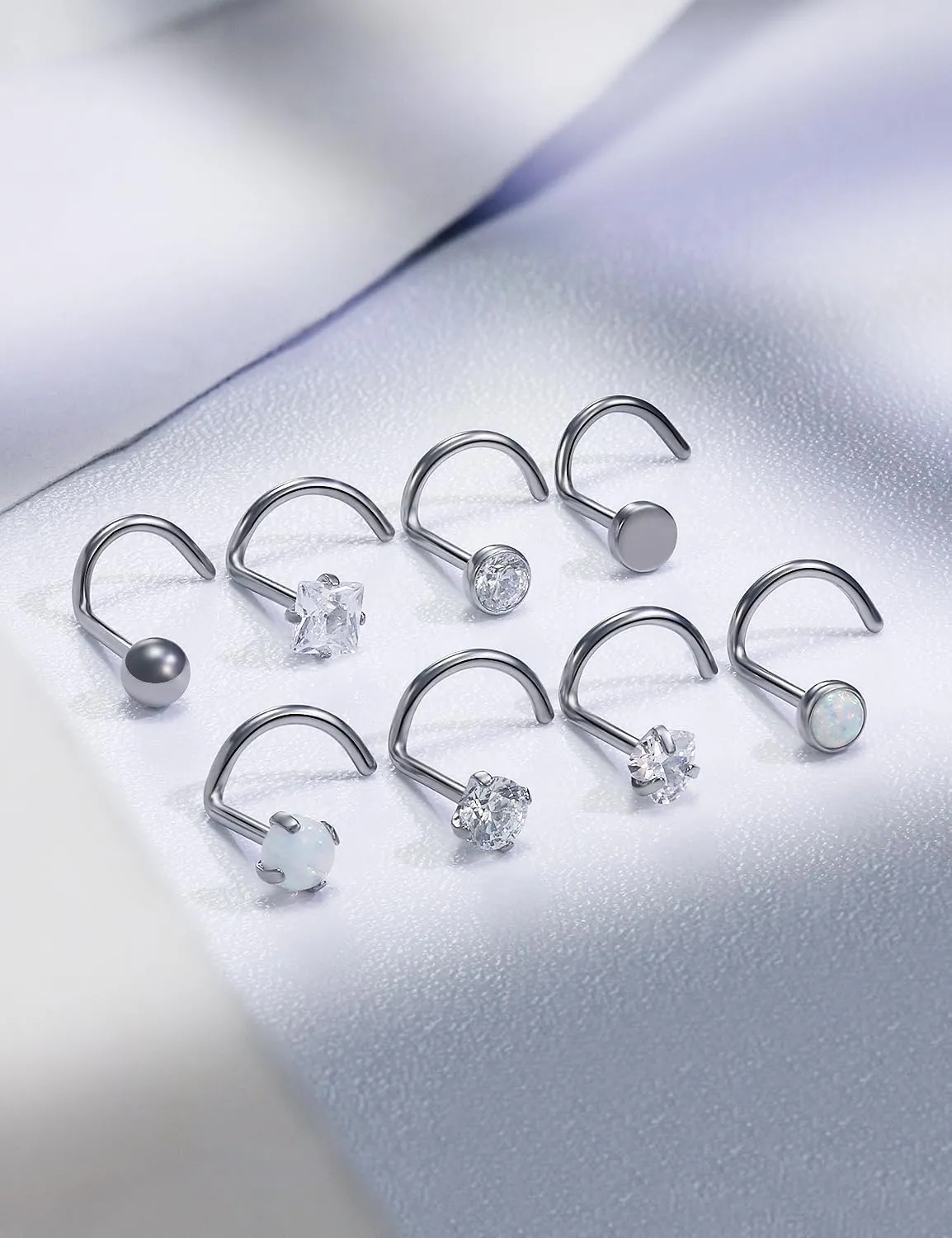 18G 20G 22G Astm F136 Titanium Nose Rings Studs Piercing Jewelry for Women Men Round Heart Square Cubic Zirconia Nose Rings Opal Nostril Ring Piercing Jewelry Top Flat Ball 3mm 8PCS