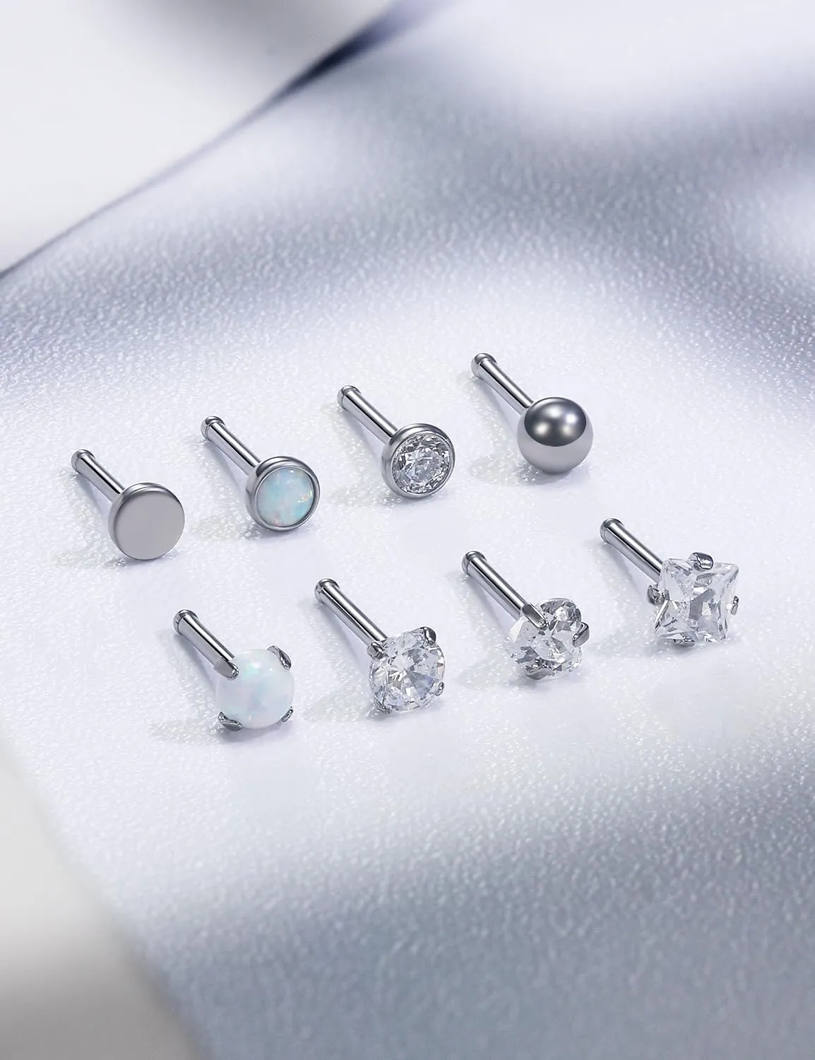 18G 20G 22G Astm F136 Titanium Nose Rings Studs Piercing Jewelry for Women Men Round Heart Square Cubic Zirconia Nose Rings Opal Nostril Ring Piercing Jewelry Top Flat Ball 3mm 8PCS