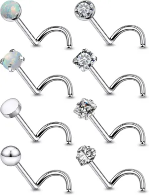 18G 20G 22G Astm F136 Titanium Nose Rings Studs Piercing Jewelry for Women Men Round Heart Square Cubic Zirconia Nose Rings Opal Nostril Ring Piercing Jewelry Top Flat Ball 3mm 8PCS