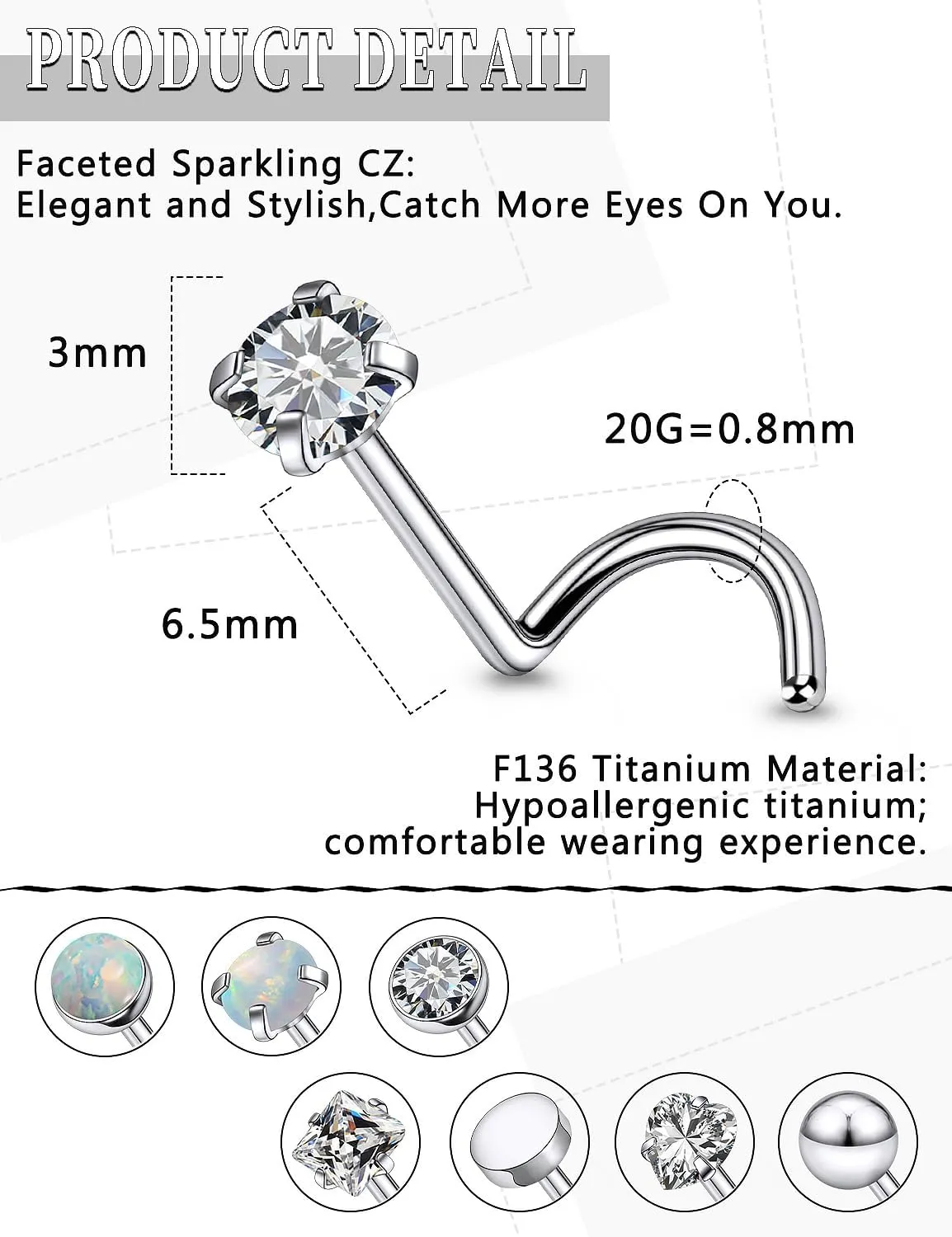 18G 20G 22G Astm F136 Titanium Nose Rings Studs Piercing Jewelry for Women Men Round Heart Square Cubic Zirconia Nose Rings Opal Nostril Ring Piercing Jewelry Top Flat Ball 3mm 8PCS
