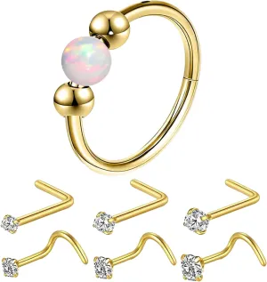 18G Opal Nose Rings, small earrings, Hypoallergenic 316L Surgical Steel Nose Piercing Jewelry for Men and Women