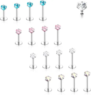 18G/16G Surgical Steel Internal Thread CZ Stud Piercing Jewelry for Tragus/Nose/Helix/Conch/Medusa/Lip/Labret - Helix Tragus Cartilage Earring for Women Men 16Pcs