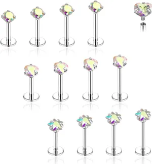 18G/16G Surgical Steel Internal Thread CZ Stud Piercing Jewelry for Tragus/Nose/Helix/Conch/Medusa/Lip/Labret - Helix Tragus Cartilage Earring for Women Men 16Pcs