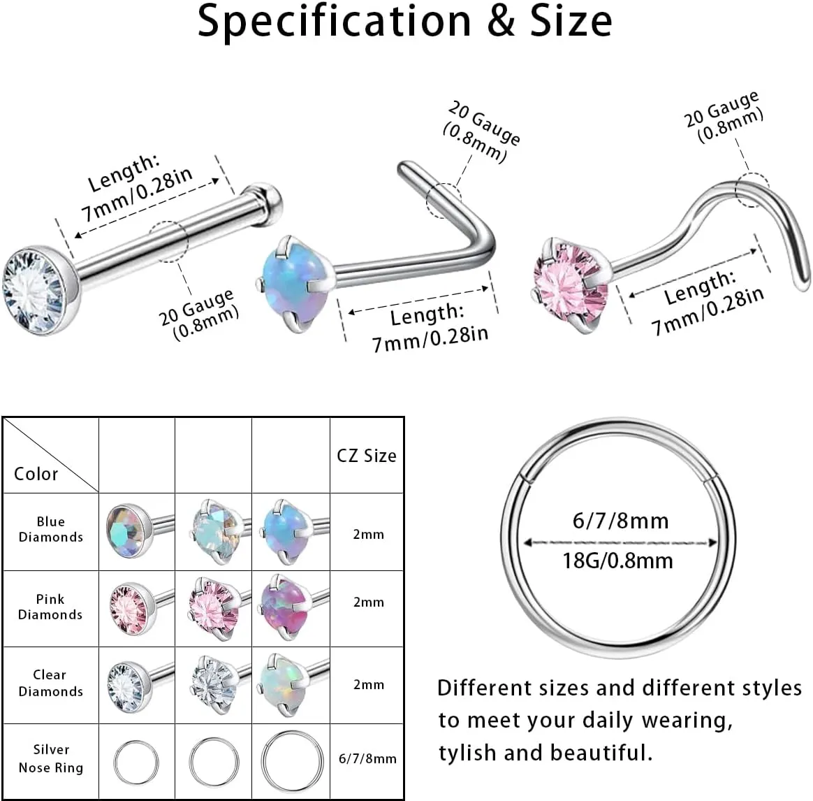 18G/20G Nose Rings Nose Studs L Shape Hypoallergenic Screw Studs Rings 316L Surgical Stainless Steel Body Piercing Jewelry Set for Women Men Cubic Zirconia Size 1.5/2/3mm Gold/Silver