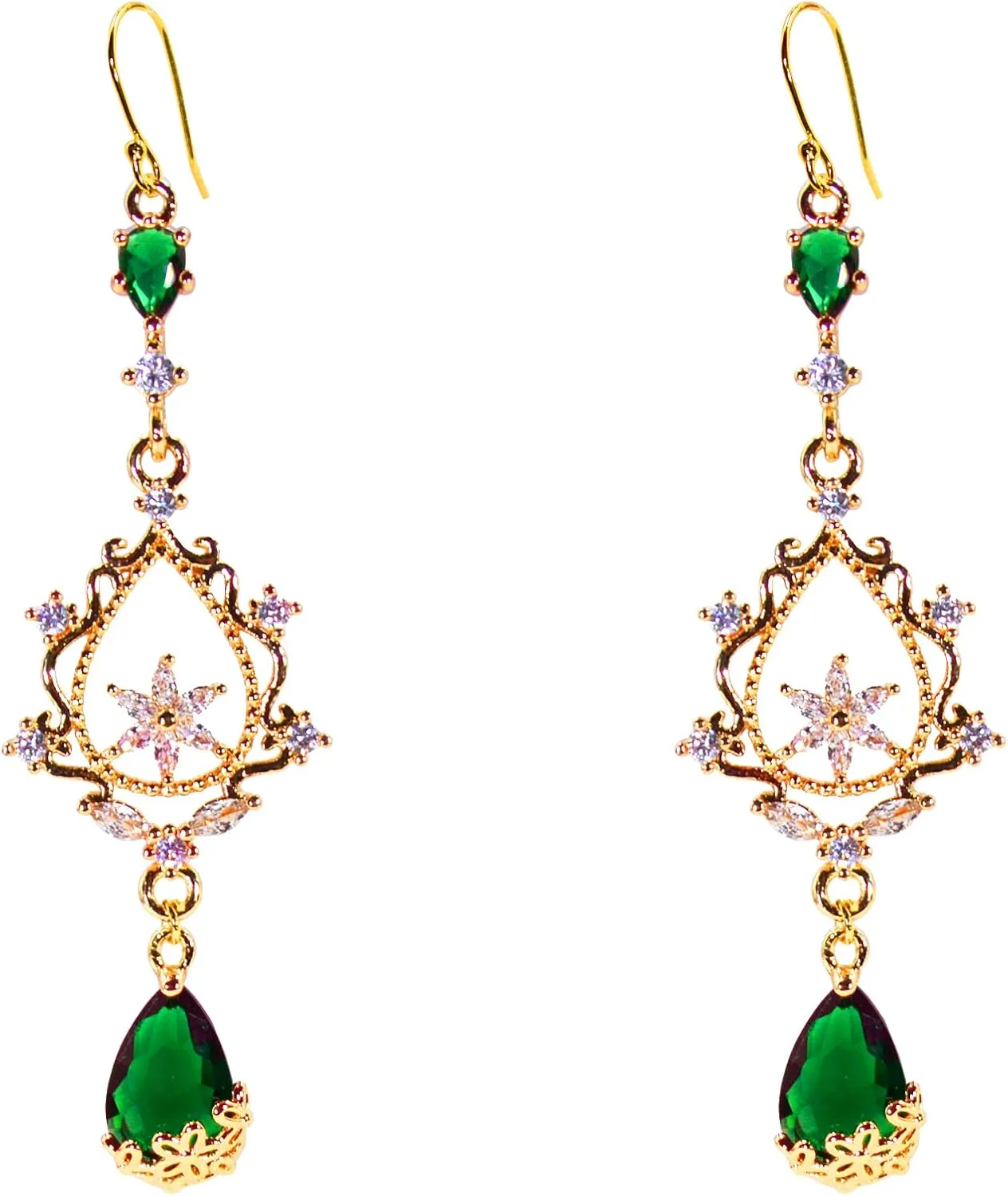 18K Gold Plated Emerald Gold and Green Crystal Large Flowers Earrings for Women Dangle Fancy Statement Costume Dark Green Art Deco Earrings Dangling Jewelry