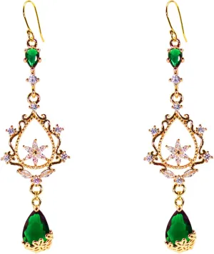 18K Gold Plated Emerald Gold and Green Crystal Large Flowers Earrings for Women Dangle Fancy Statement Costume Dark Green Art Deco Earrings Dangling Jewelry