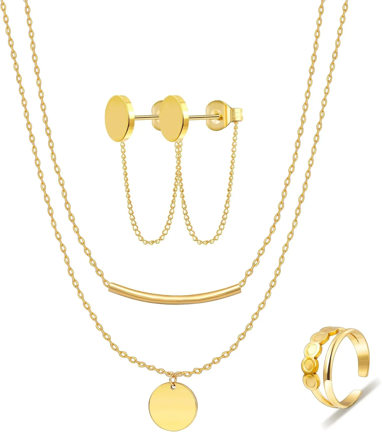 18k Gold Plated/Silver Jewelry Set for Women Dainty,Layered CZ Pendant Necklace Dangle Earrings Chain Bracelet Adjustable Ring Set Trendy,Elegant Earrings and Necklaces Set for Women Hypoallergenic