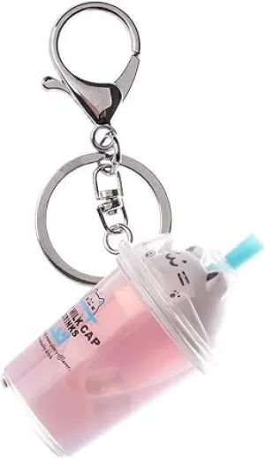 1pc Pink Keychain Milk Tea Cup Key Ring,Cute Happy Fortune Cartoon Cat Car Keychain for Beautiful Girls Women,Mini Milk Tea Cup Liquid Crystal Sequin,Key Ring Bag Pendant Accessories