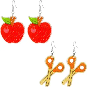 2 Pairs Teacher Pencil Drop Earrings for Women Cute Apple Earrings for Women Jewelry Gifts for Art
