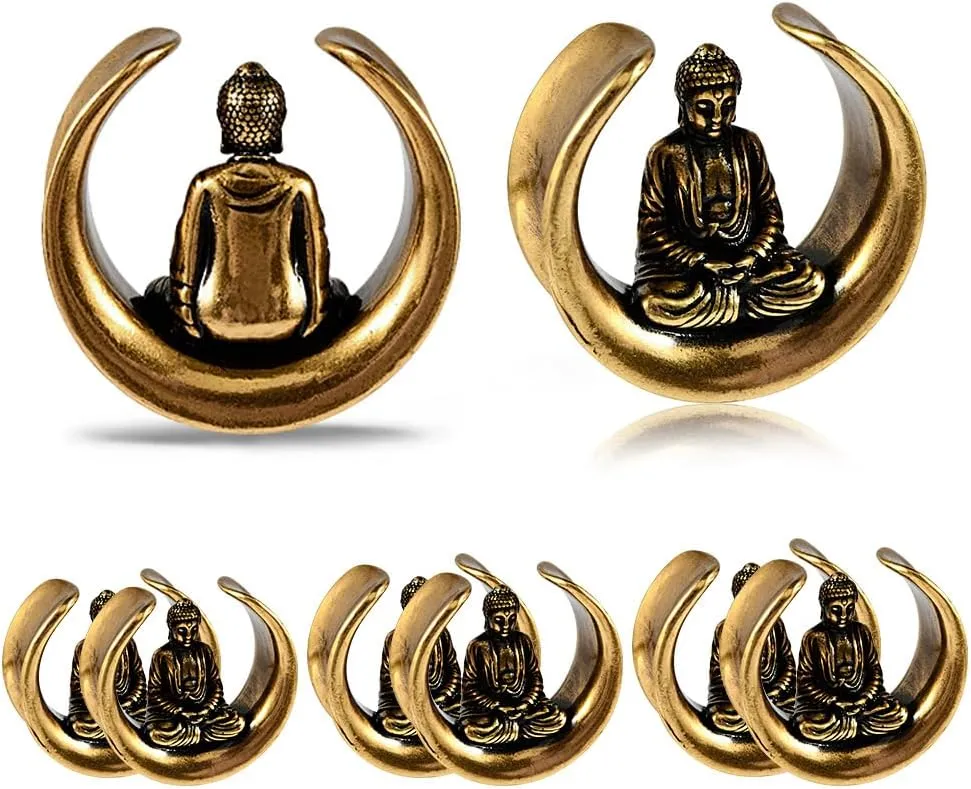 2 PCS Stainless Steel Ear Tunnel Plugs - Bronze Buddha & Drum Body Jewelry, Hypoallergenic U-Shaped Ear Expander for 8mm-25mm Stretching (Men Women, Daily/Events)