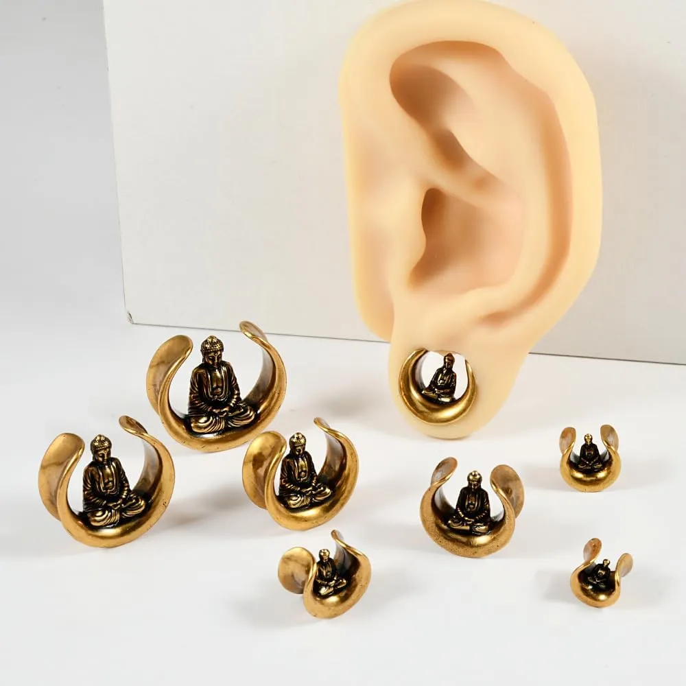 2 PCS Stainless Steel Ear Tunnel Plugs - Bronze Buddha & Drum Body Jewelry, Hypoallergenic U-Shaped Ear Expander for 8mm-25mm Stretching (Men Women, Daily/Events)