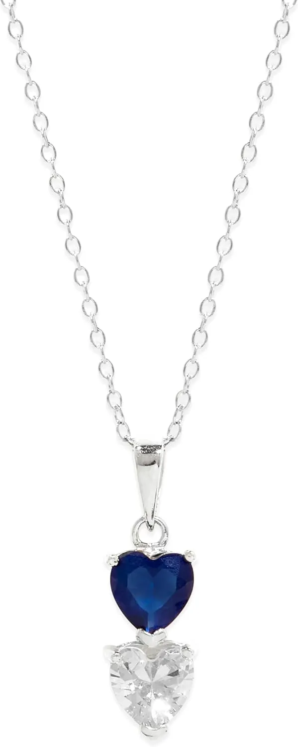 2 Stone Simulated Birthstone Heart Necklace (16"), 925 Sterling Silver Heart Drop Necklace for Women - Personalized Necklaces - Gifts for Mom