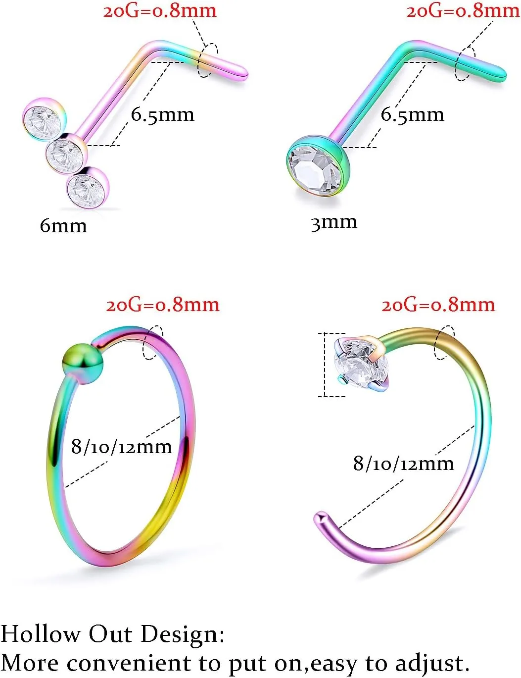 20g Nose Rings Hoops L Shaped Studs Gold/Black/Rainbow Piercings Jewelry for Women Hypoallergenic Surgical Stainless Steel