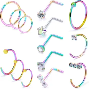 20g Nose Rings Hoops L Shaped Studs Gold/Black/Rainbow Piercings Jewelry for Women Hypoallergenic Surgical Stainless Steel