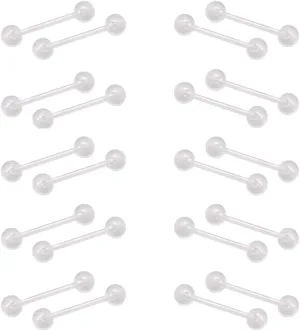 20Pcs 14G 12MM Transparent Acrylic Barbell Tongue Nipple Rings Flexible Straight Bar Body Piercing Jewelry Retainers for Women Men Work Sports