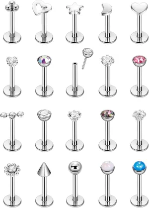20Pcs 20G 18G Surgical Steel Threadless Nose Ring Studs for Women Men Push in Nose Studs Flat Back Cartilage Tragus Earrings Helix Labret Piercing Jewelry
