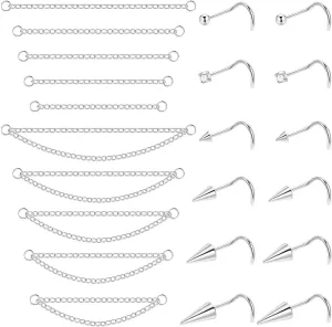 22Pcs 20G Surgical Steel Nose Ring Chain Nose Ring Stud for Women Men Double Nose Chain Piercing Across Nose Spike Ball CZ Nose Studs Nostril Piercing Jewelry