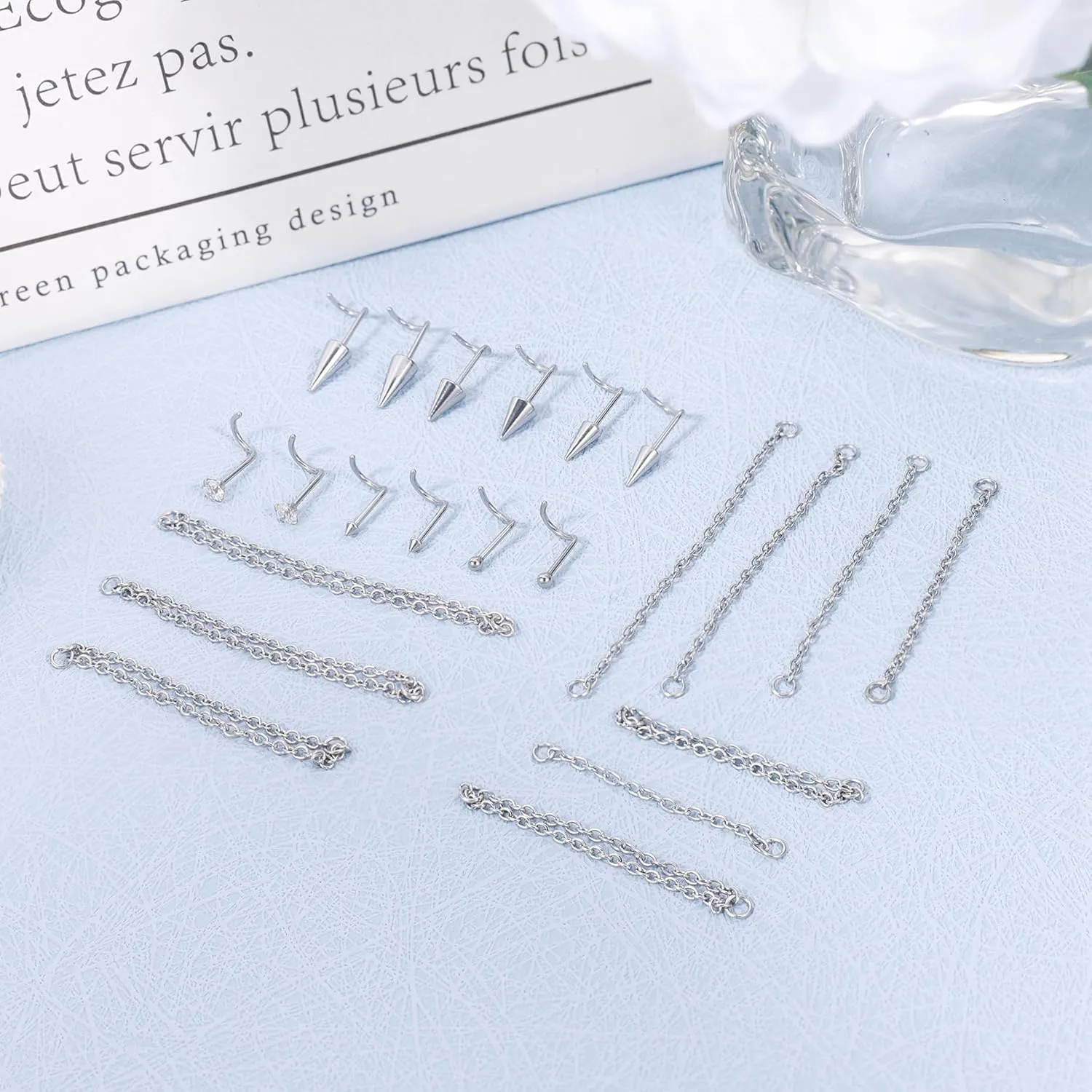 22Pcs 20G Surgical Steel Nose Ring Chain Nose Ring Stud for Women Men Double Nose Chain Piercing Across Nose Spike Ball CZ Nose Studs Nostril Piercing Jewelry