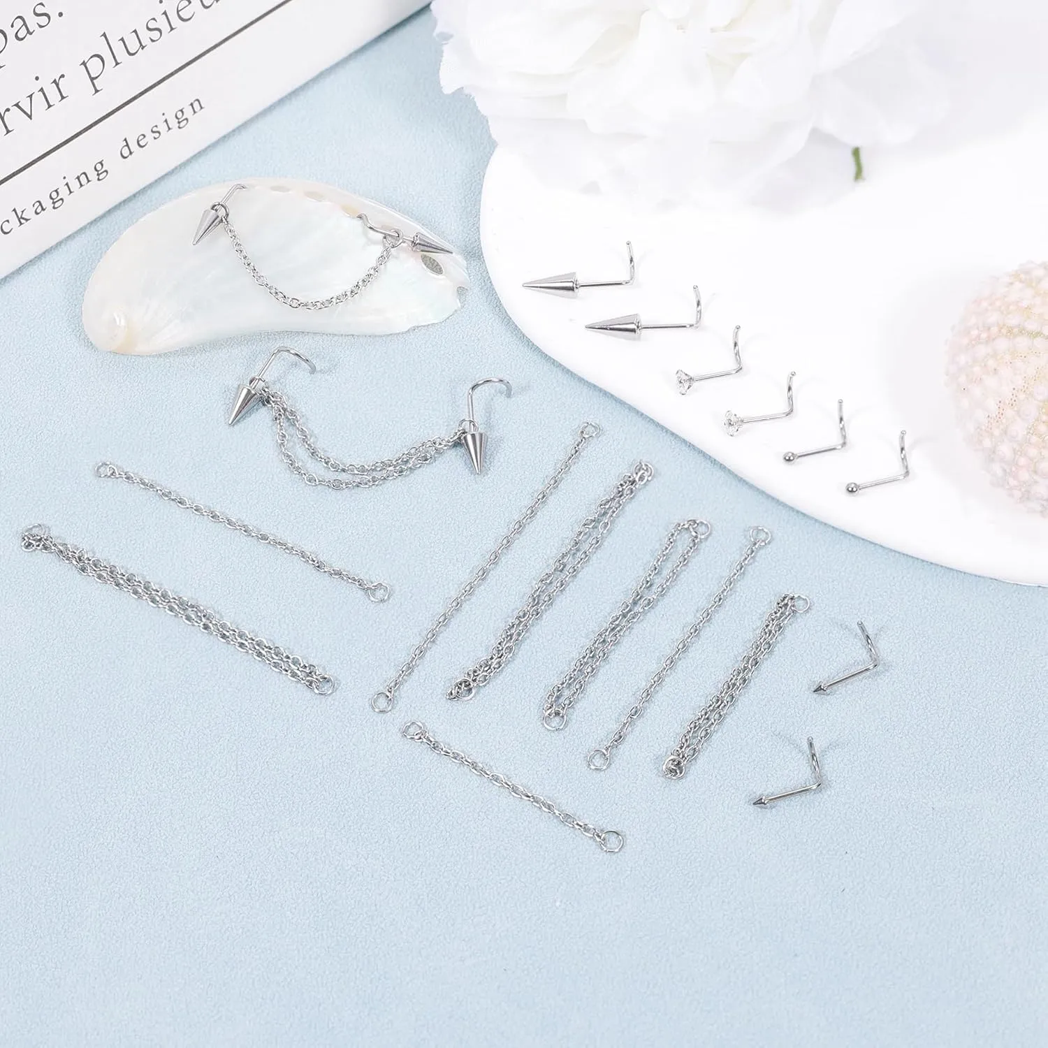 22Pcs 20G Surgical Steel Nose Ring Chain Nose Ring Stud for Women Men Double Nose Chain Piercing Across Nose Spike Ball CZ Nose Studs Nostril Piercing Jewelry