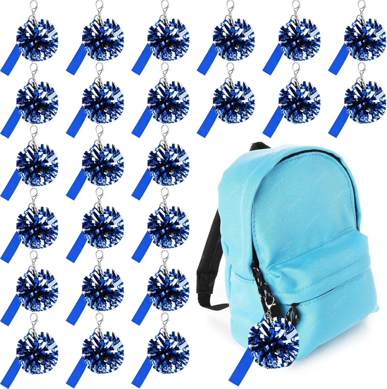 24 Pack Pom Pom Keychains for Cheerleader Cute Keychains for Girls with Customizable Label Belt for DIY Name using Heat Transfer, Perfect for Cheerleading Pins, Competition Awards & Backpack Charms