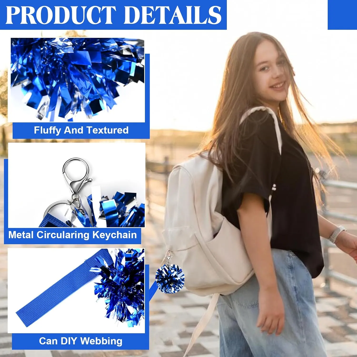 24 Pack Pom Pom Keychains for Cheerleader Cute Keychains for Girls with Customizable Label Belt for DIY Name using Heat Transfer, Perfect for Cheerleading Pins, Competition Awards & Backpack Charms
