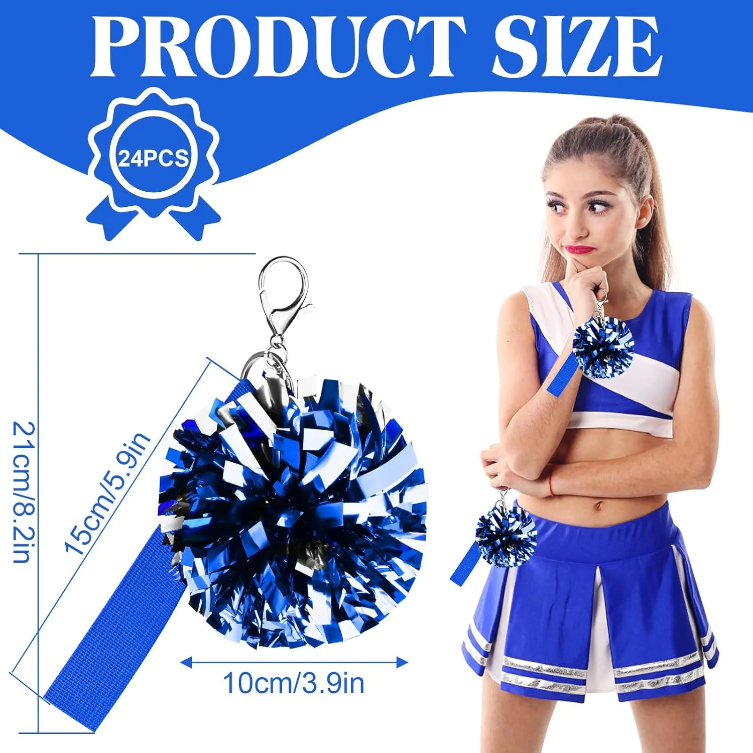 24 Pack Pom Pom Keychains for Cheerleader Cute Keychains for Girls with Customizable Label Belt for DIY Name using Heat Transfer, Perfect for Cheerleading Pins, Competition Awards & Backpack Charms
