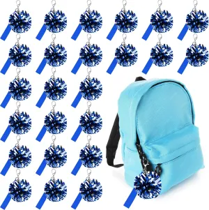 24 Pack Pom Pom Keychains for Cheerleader Cute Keychains for Girls with Customizable Label Belt for DIY Name using Heat Transfer, Perfect for Cheerleading Pins, Competition Awards & Backpack Charms