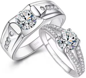 2pcs 18k White Gold Plated Promise Rings for Couples, White CZ Rhinestone Halo Diamond Cut Adjustable Matching Rings for Couples