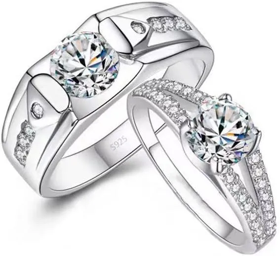 2pcs 18k White Gold Plated Promise Rings for Couples, White CZ Rhinestone Halo Diamond Cut Adjustable Matching Rings for Couples